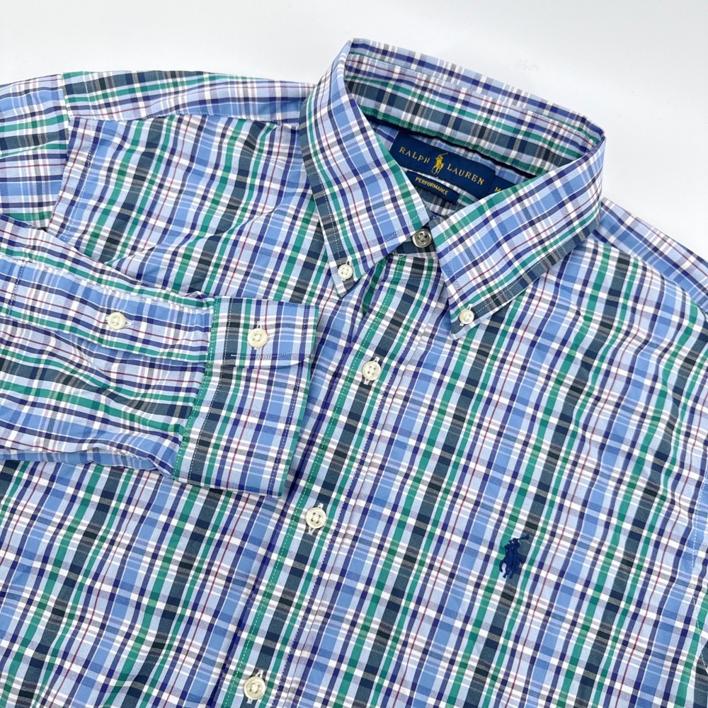 Ralph Lauren‎ Men's Performance Plaid Button Down Shirt Medium Blue Preppy